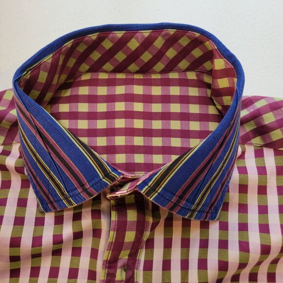 Robert Graham Mens Contrast Cuff Colorful Button Up Shirt Purple Plaid Size XL - Picture 9 of 11